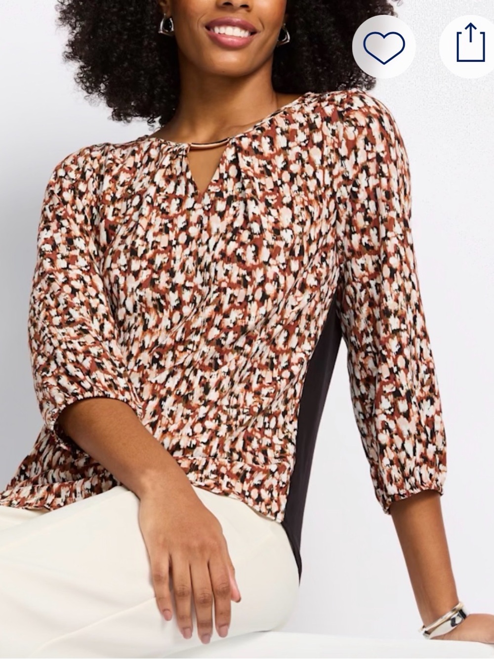 Women's Brown Multi-Print Keyhole Blouse with 3/4 Sleeves